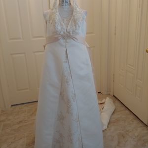 David’s Bridal wedding gown size 20, halter, high waisted pink tie to hem